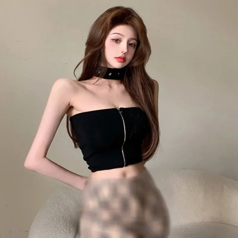Znbbw Women's Korean Tank Top Zipper Neck Strap Bra Sexy Slim Fit Open Umbilical Top - Image 6