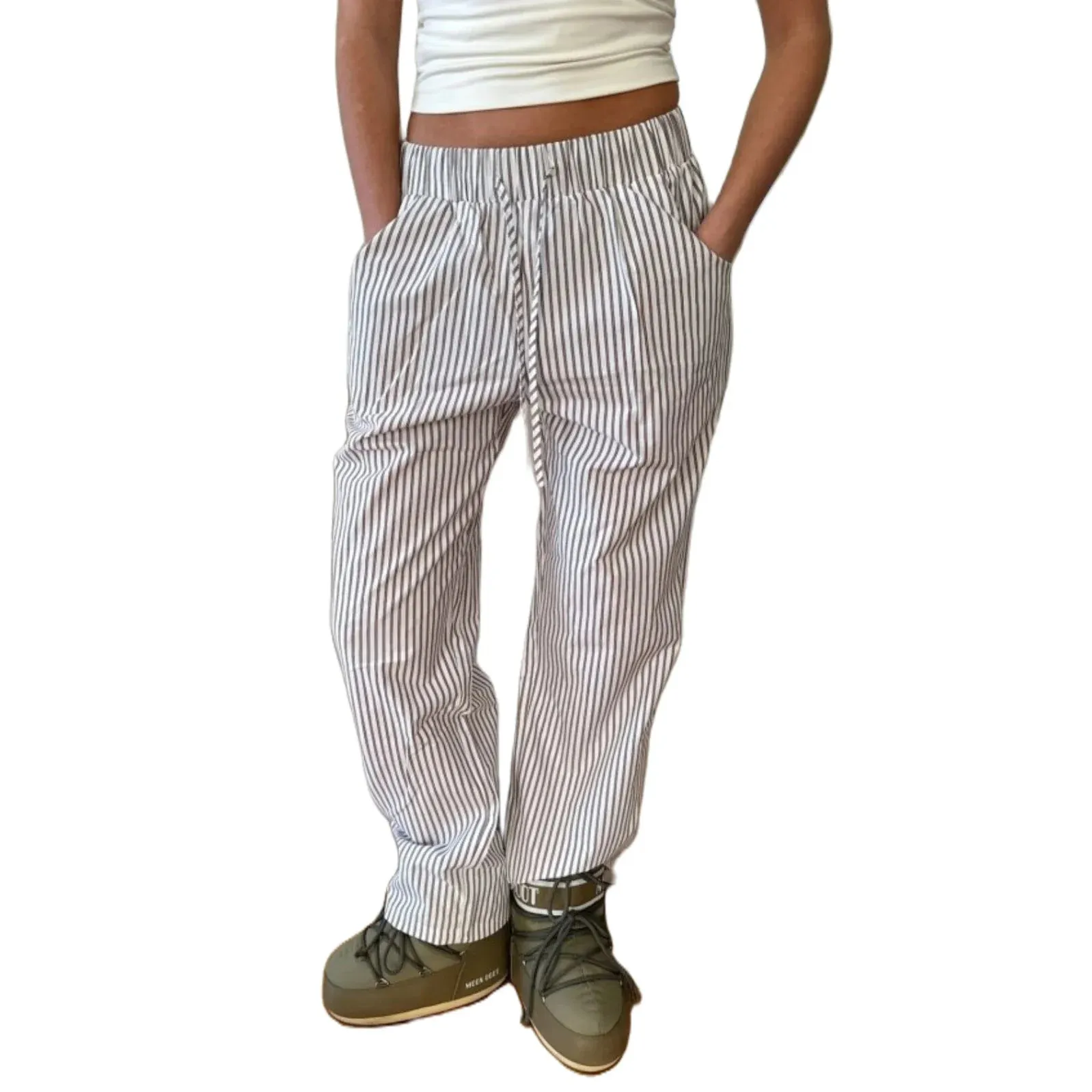 Znbbw Women's Vintage Comfy Casual Stripe Print Pants Drawstring Elastic Waist Loose Pants Trousers 2000s Aesthetic Bottoms Streetwear - Image 7