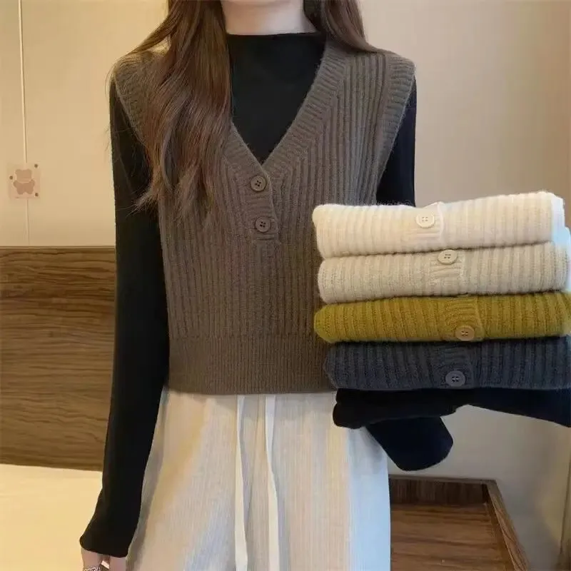Znbbw Knitted Vest for Women's Spring and Autumn Design Sleeveless V-neck Sweater Japanese Style Is Lazy and Retro - Image 2