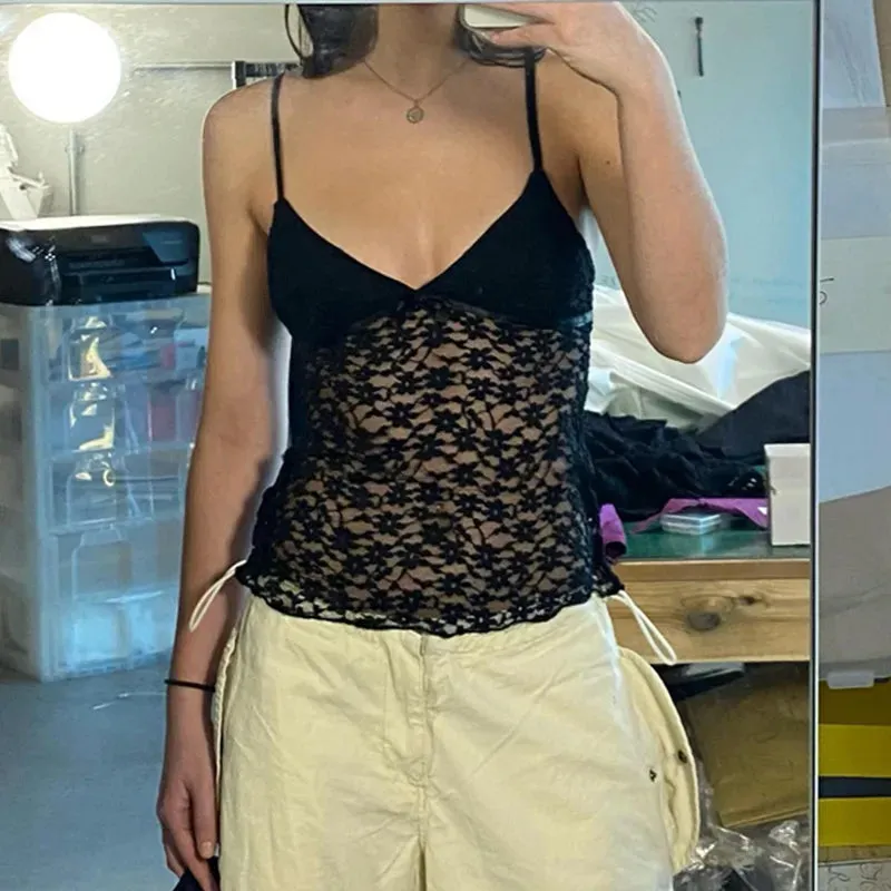 Znbbw Women Y2k Lace Patchwork Spaghetti Strap Camisole Sexy Fairy Vest Top Shirt Sleeveless V Neck Summer Sweet Crop Cami Tank - Image 2