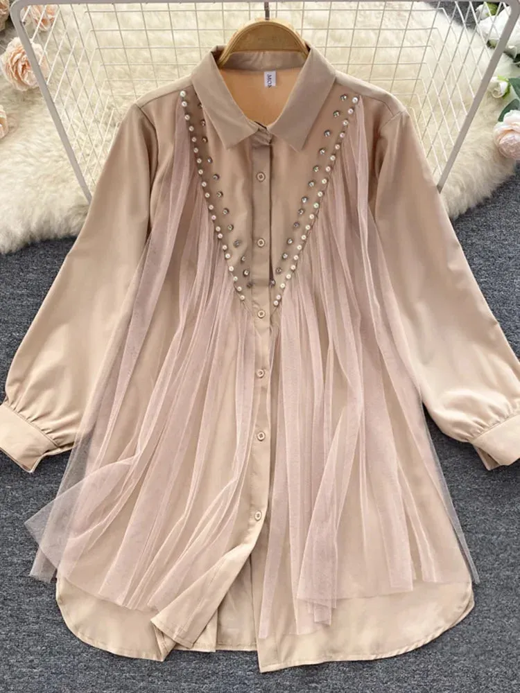 Znbbw Autumn High-end Mesh Gauze Studded Beads POLO Collar Dress Female Cold Wind White Temperament Shirt Top Women Blouse D1489 - Image 11