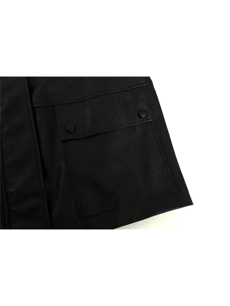 Znbbw Autumn Winter New PU Leather Jacket Women's Vintage Black Motorcycle Coat Female Korean Casual Loose Streetwear Outwear - Image 3