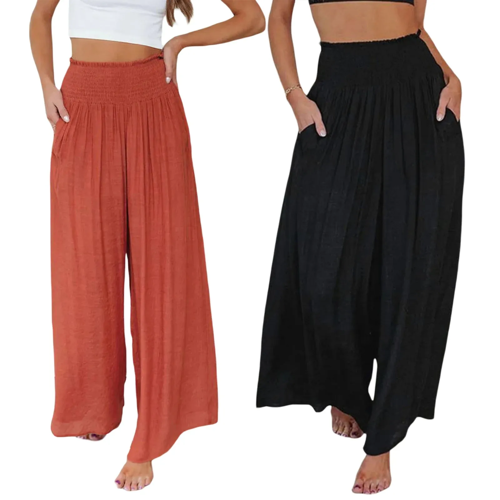 Znbbw Women's wide leg loose wide leg pants High Waist Solid Color Relaxed Fit Beach Lounge Pants - Image 5