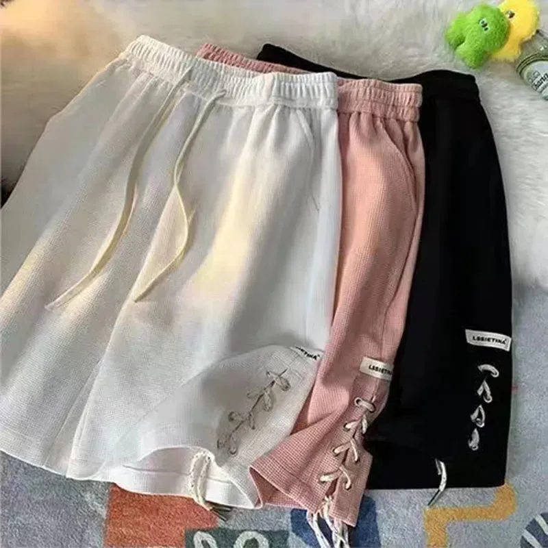 Znbbw Waist Casual Wide Leg Shorts Women Y2k Summer Loose Drawstring Lace Up Jogging Pants BF Fashion Baggy All-match Sweatpants