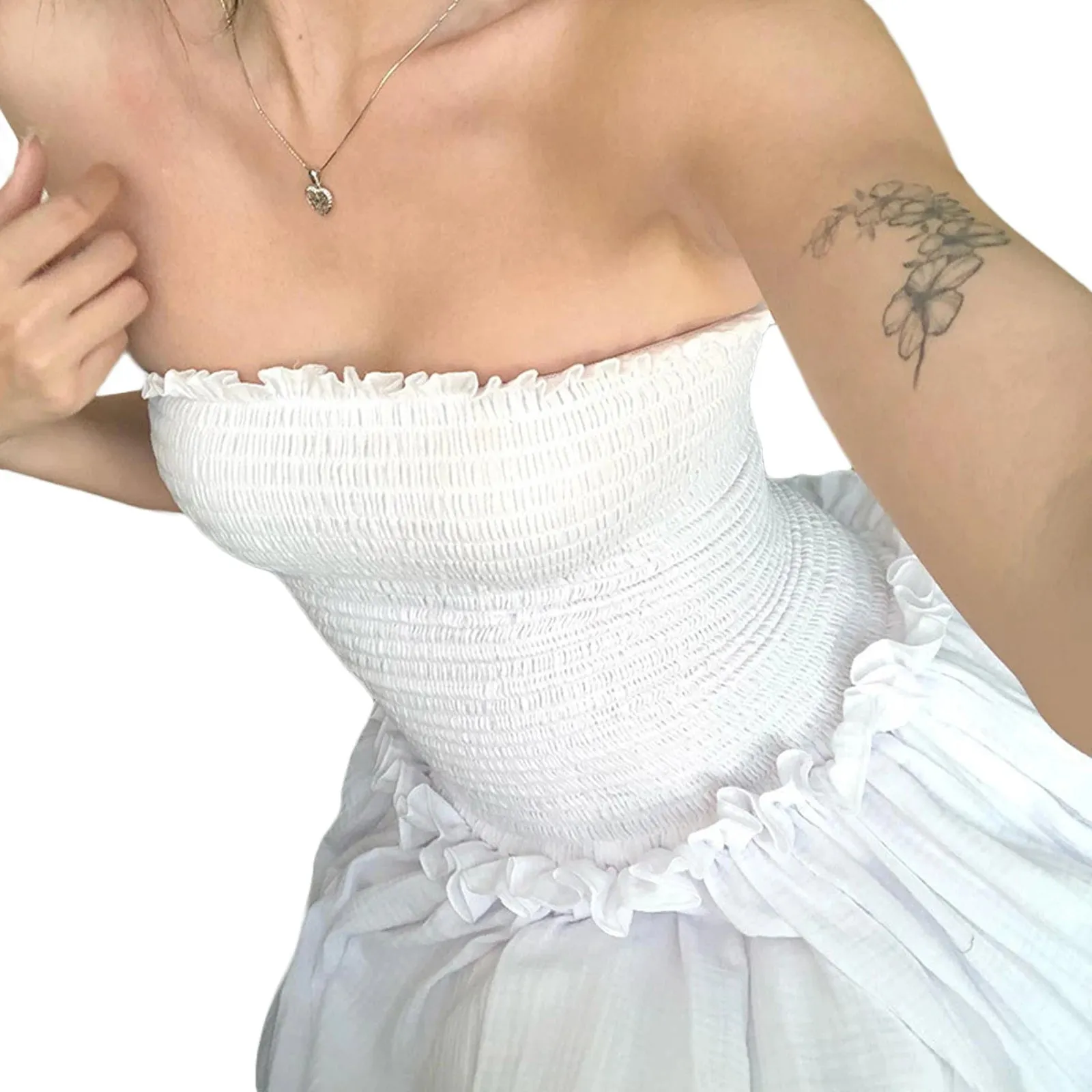 Znbbw Women Summer Off Shoulder Ruched Bust Ruffle Trim Tube Top Dress  Ruched Frills Strapless Sleeveless Party Long Dress - Image 4