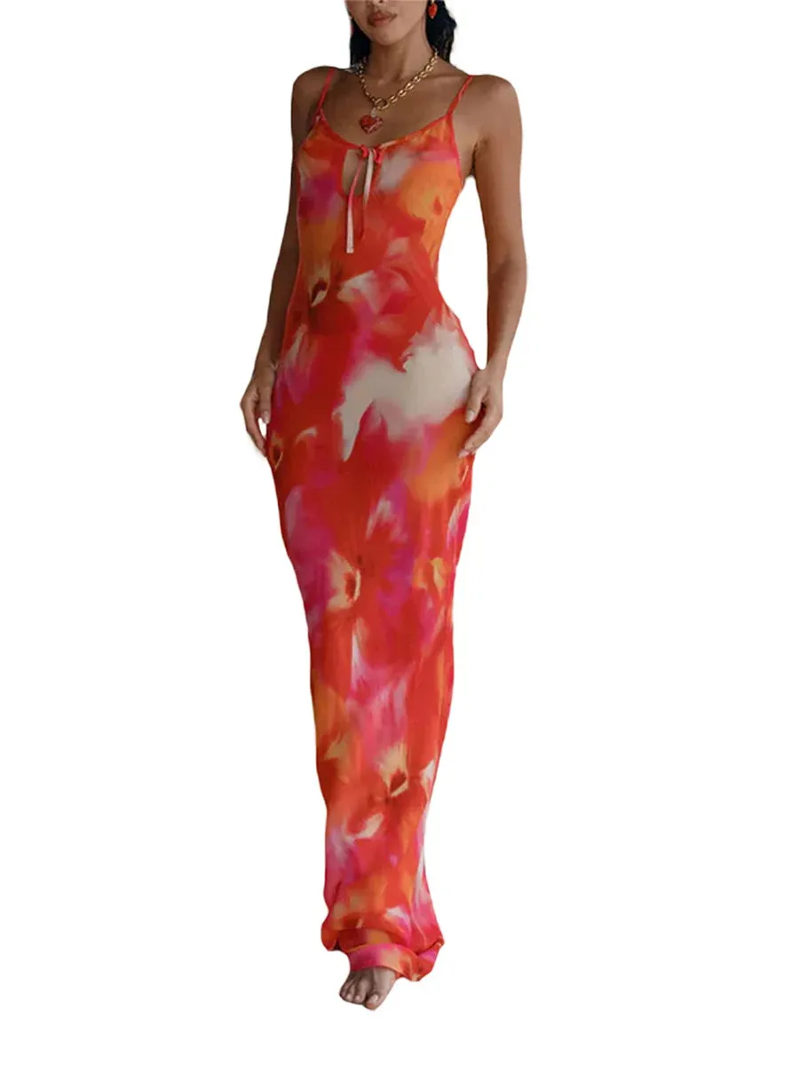 Znbbw and elegant woman dress Cutout Backless Slip Sleeveless Off Shoulder Y2K Floral Print Spaghetti Strap Bodycon Dress