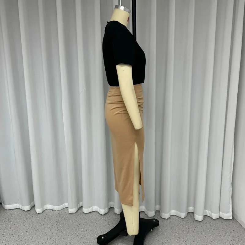 Znbbw Women Two Piece Set Summer Fashion O Neck Short Sleeve Solid Short Top Slim Folds Slit Skirt Set Elegant Streetwear - Image 6