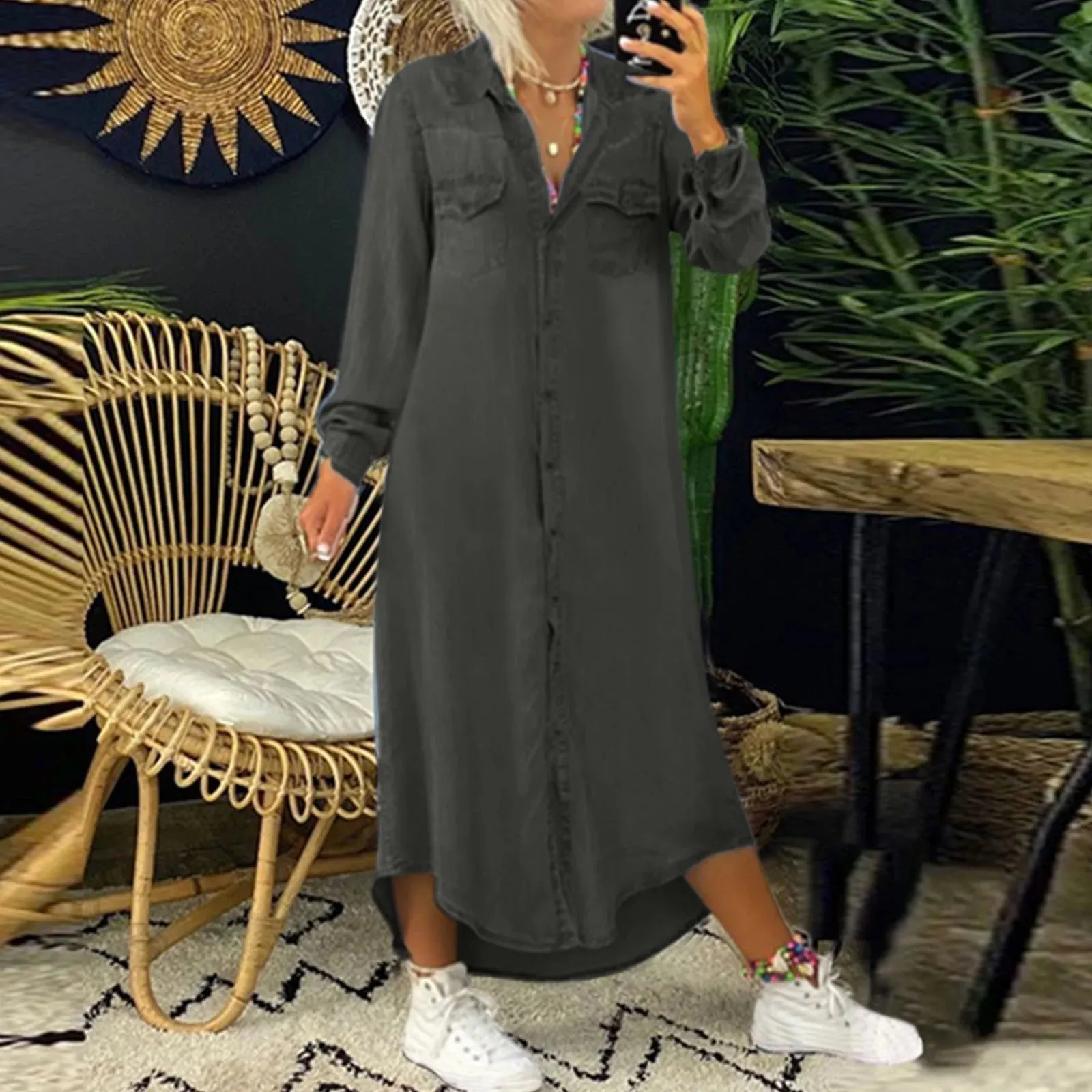 Znbbw Women Vintage Casual Solid Denim Dress Summer Fashion V Neck Long Sleeve Button Pocket Loose Long Maxi Dress Mother Day GIfts - Image 8
