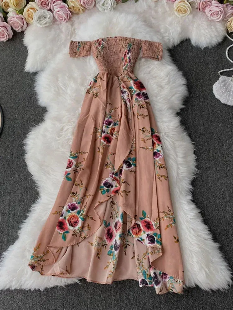 Znbbw Women's Irregular Slit Print Floral Long Dress One-way Neck Strapless Chest Wrap Short Sleeve Dresses LL006 - Image 8