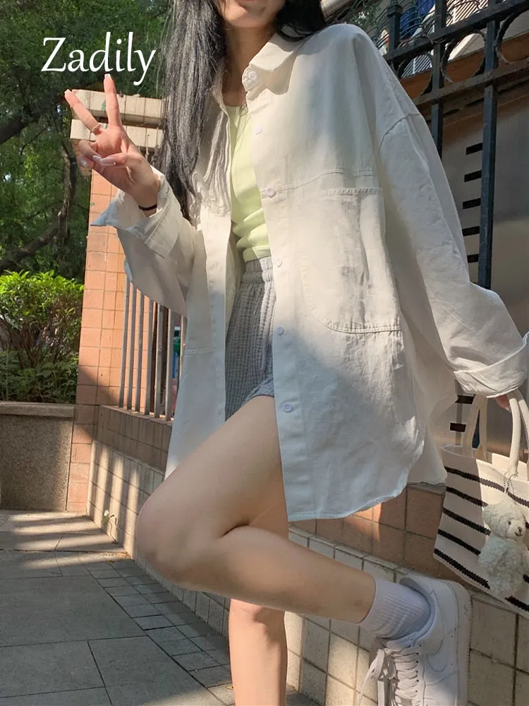 znbbw 2023 Summer Unisex Long Sleeve Oversize Women White Shirt Korea Style Button Up Pocket Woman Blouse Female Clothing Tops - Image 4