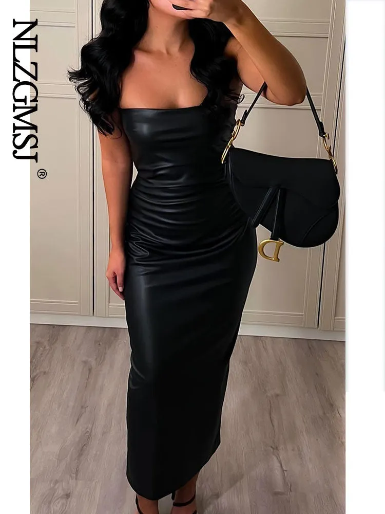 Znbbw 2023 Woman Imitation Leather Pleat Long Dress Slim Backless Sleeveless Vintage Split fork Elegant Dresses - Image 4