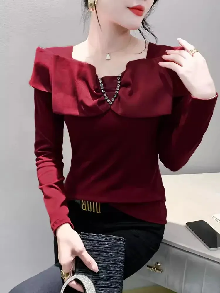 Znbbw Autumn Cotton T-shirt Women's Beading Bowknot Slash Collor TShirts Female Fashion Slim Top HF3011 - Image 4