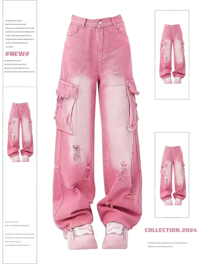 Znbbw Women's Pink Cargo Jeans Vintage 90s Aesthetic Y2k Oversize Denim Trousers Harajuku High Waist Cowboy Pants 2000s Trashy Clothes