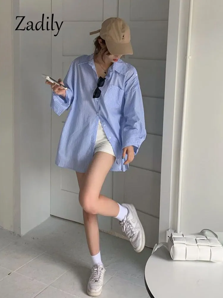 znbbw 2023 Summer Long Sleeve Women Striped Shirt Korea Style Off The Shoulder Button Loose Ladies Blouse Casual Clothing Tops - Image 7