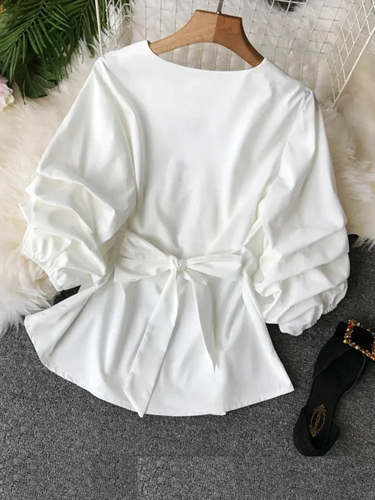 Znbbw Women's Spring Summer Shirt Top New Fashion Shirt V-neck Three Quarter Bow Lacing Waist Pleated Top Shirt Blouse ML831 - Image 6