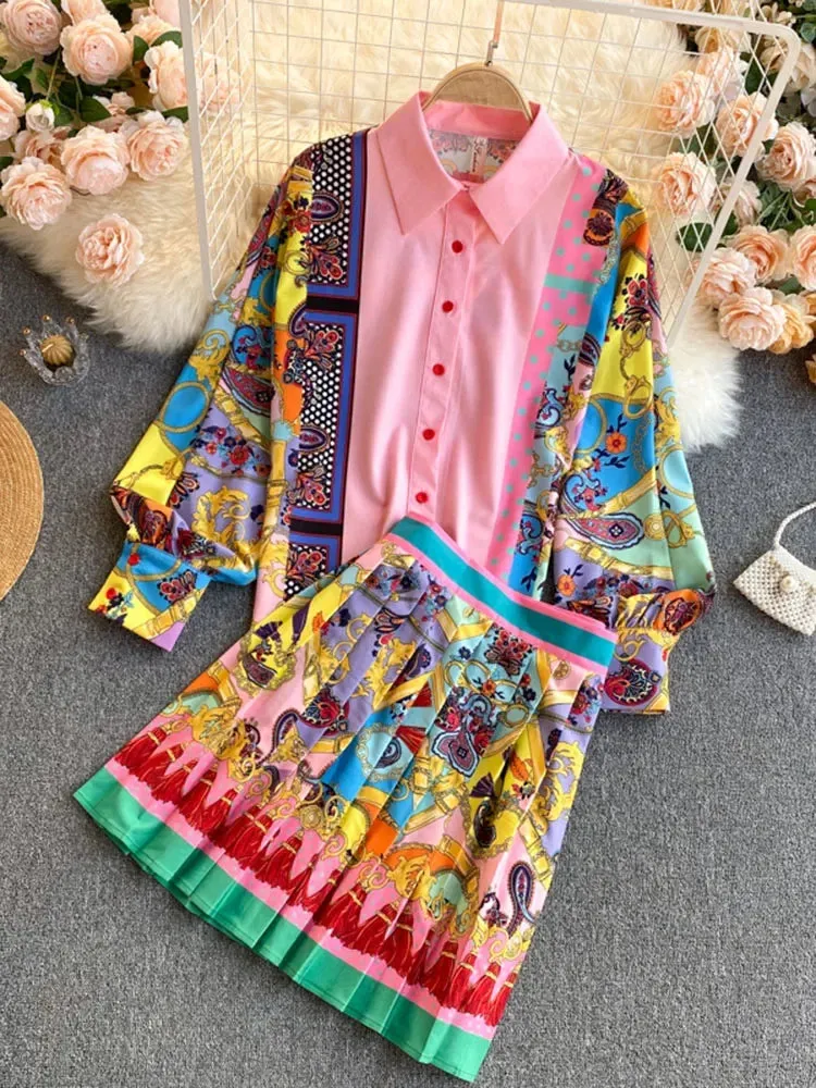 Znbbw Autumn Fashion Temperament New Exotic Print Lapel Puff Sleeve Shirt Female High Waist Slim Skirt Suit C597 - Image 3
