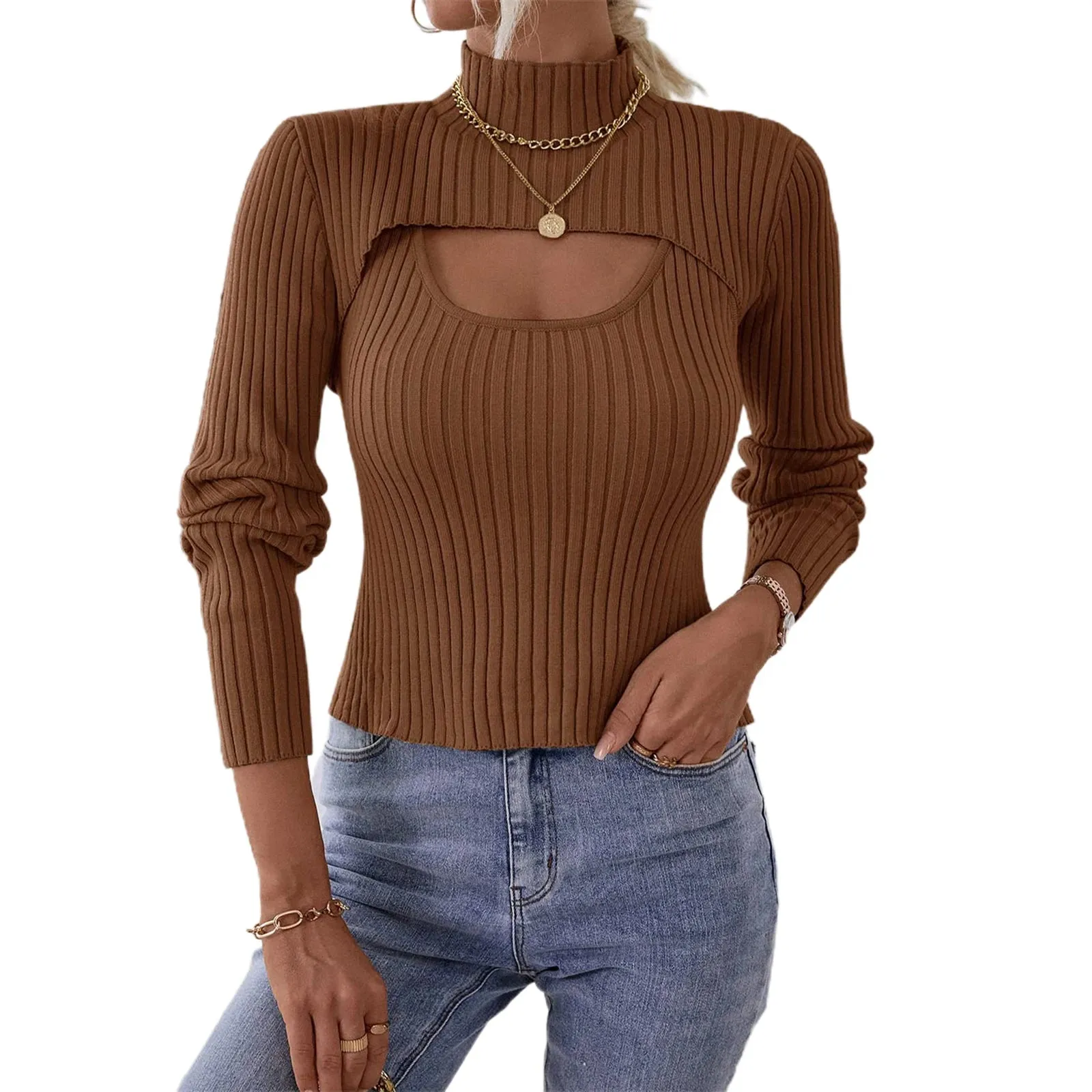 Znbbw Women's Spring Autumn Outfit Sets Solid Color High Neck Long Sleeve Short Knitwear Ribbed Sling Vest Shirt 2pcs Knitted Clothes - Image 4