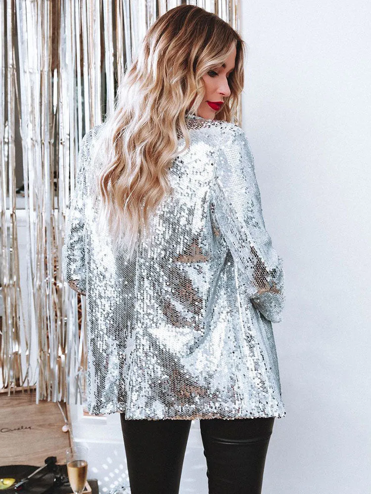 Znbbw 2023 Autumn Sequin Jacket Long Sleeve Women Blazer Jacket Casual Loose Blouses Sparkle Glitter Top Clubwear - Image 3
