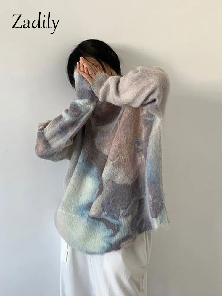 znbbw 2023 Winter Korean style Long Sleeve tie dye Sweater Women Casual Loose O Neck Ladies Pullover Fall Female Clothing Tops - Image 5