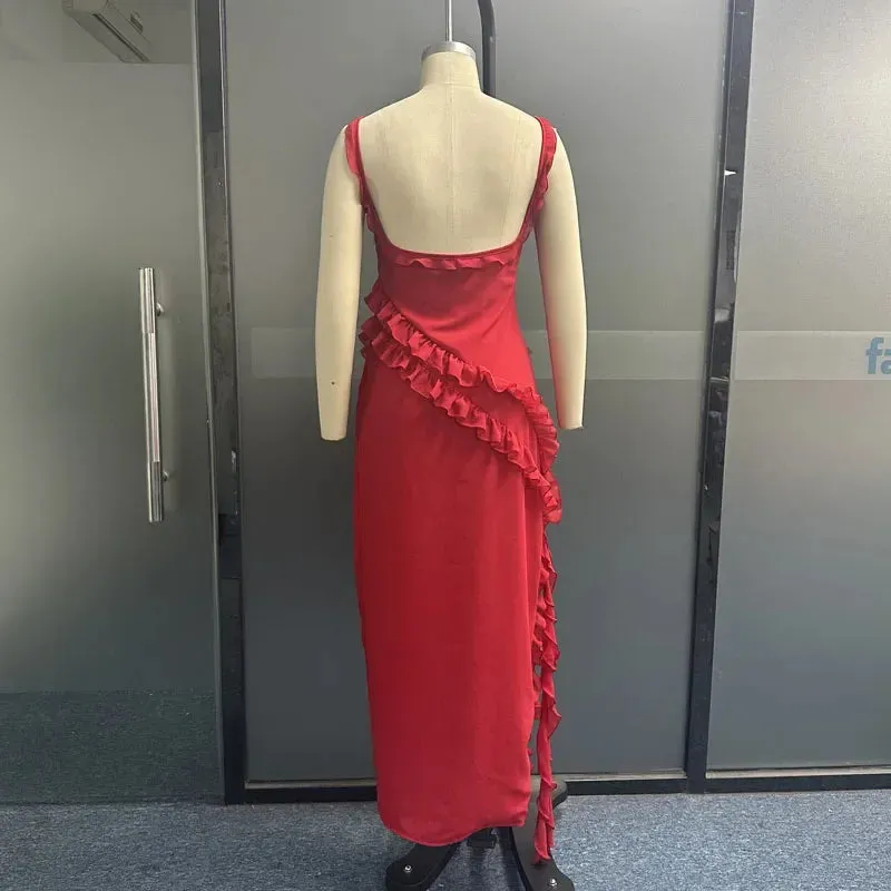 Znbbw Women Maxi Dress Fashion Elegant Sling Sleeveless Square Collar Pleated Slits Solid Beach Long Dresses High Streetwear - Image 6