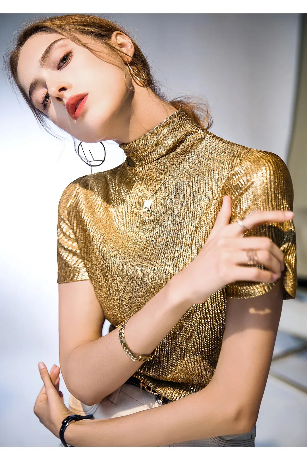 Znbbw Women Turtleneck Short Sleeve T-shirts Tops Girls Stretchy Shinning Light Fabric Tees T Shirt For Female - Image 2