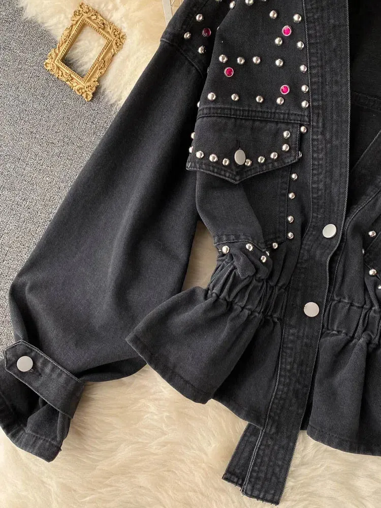 Znbbw 2024 New Retro Denim Jacket Female Temperament V-neck Single-breasted Beaded Waist Slim Crop Top KK1333 - Image 5