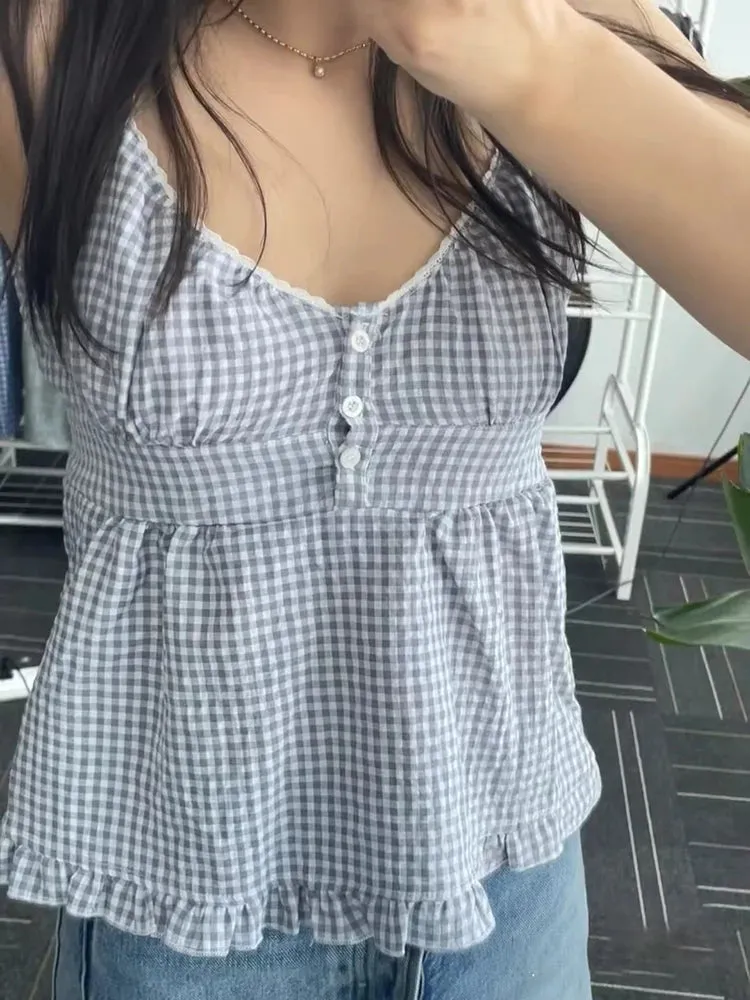 Znbbw Women Vintage Plaid Button Camis Top Cute Preppy Style Sleeveless Lace-up Cotton Tank Tops Female Casual Sweet Summer Vests 2024 - Image 14