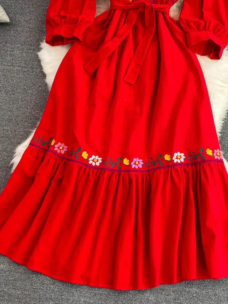 Znbbw Women Summer Dress Retro Bohemian National Style Square Collar Embroidery Seaside Holiday Big Hem Long Vestidos D2473 - Image 3