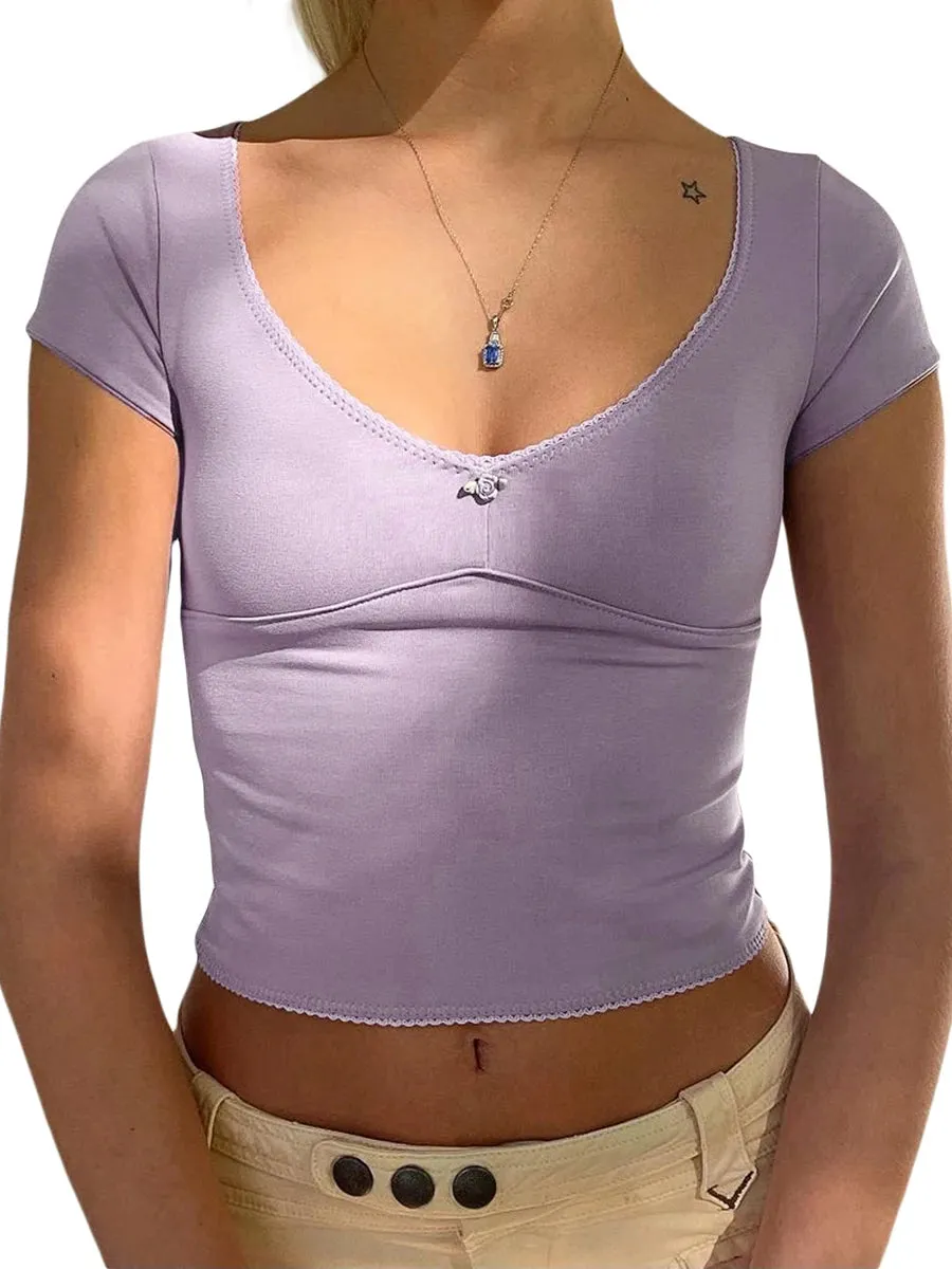 Znbbw Women Y2k 3D Flower Crop Tops Fairy Grunge Short Sleeve T-Shirt Slim Fit Aesthetic T-shirt Tees Summer Vintage Streetwear - Image 5