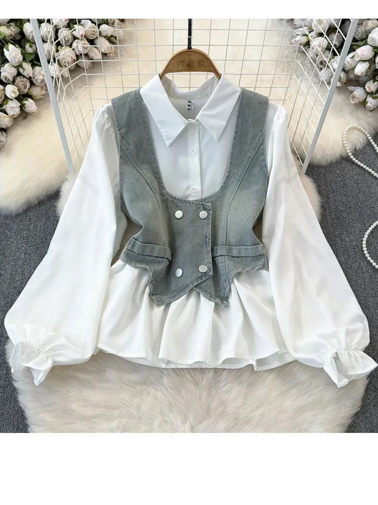 Znbbw Autumn Women's Vest Two piece Set Long sleeved Waist Lotus Leaf Shirt Two piece Set Denim Vest Tank Top Women's Top ML572 - Image 8