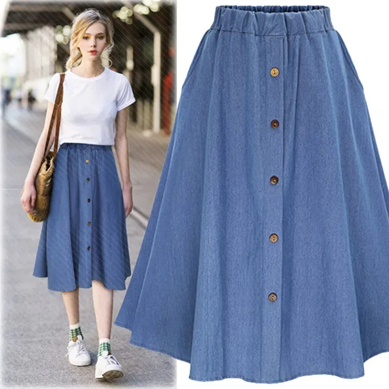 Znbbw Women's High Waist Button Pleated Midi Skirt With Elastic Waist Knee Length Skirt - Image 4