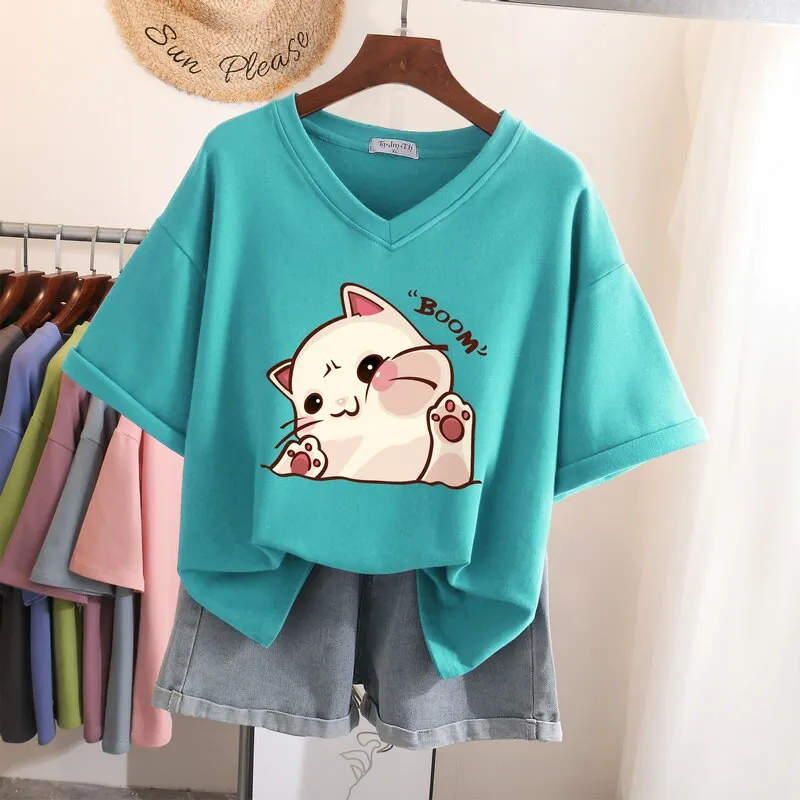 Znbbw 100% Cotton L-6XL T Shirt Plus Size Tshirt Short Sleeve Women Top Summer Cartoon Print Couple V Neck Oversized T Shirts - Image 13