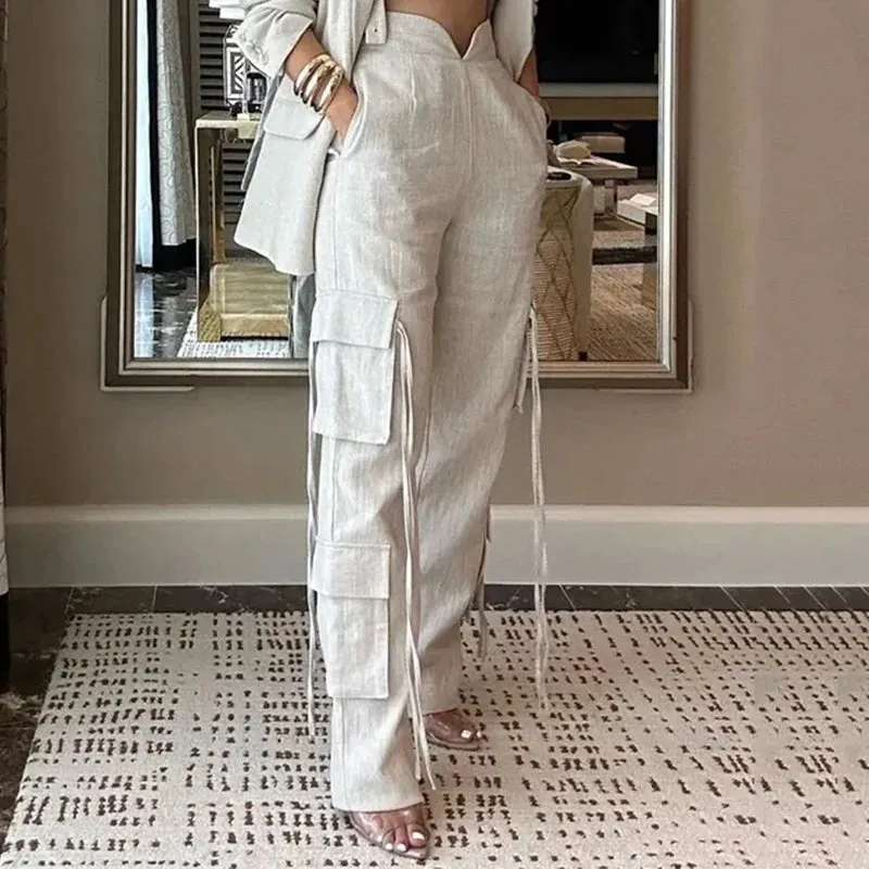 Znbbw Women Two Piece Set Autumn Fashion Solid Lapel Long Sleeve Loose Coat Top Casual With Pockets Cargo Pants Sets Streetwear - Image 3