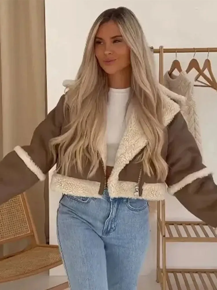 Znbbw Wool Patchwork Lapel Long Sleeved Warm Jacket Casual Fashion Women's Cropped Jacket 2023 Autumn/Winter Lady Thick Outwear