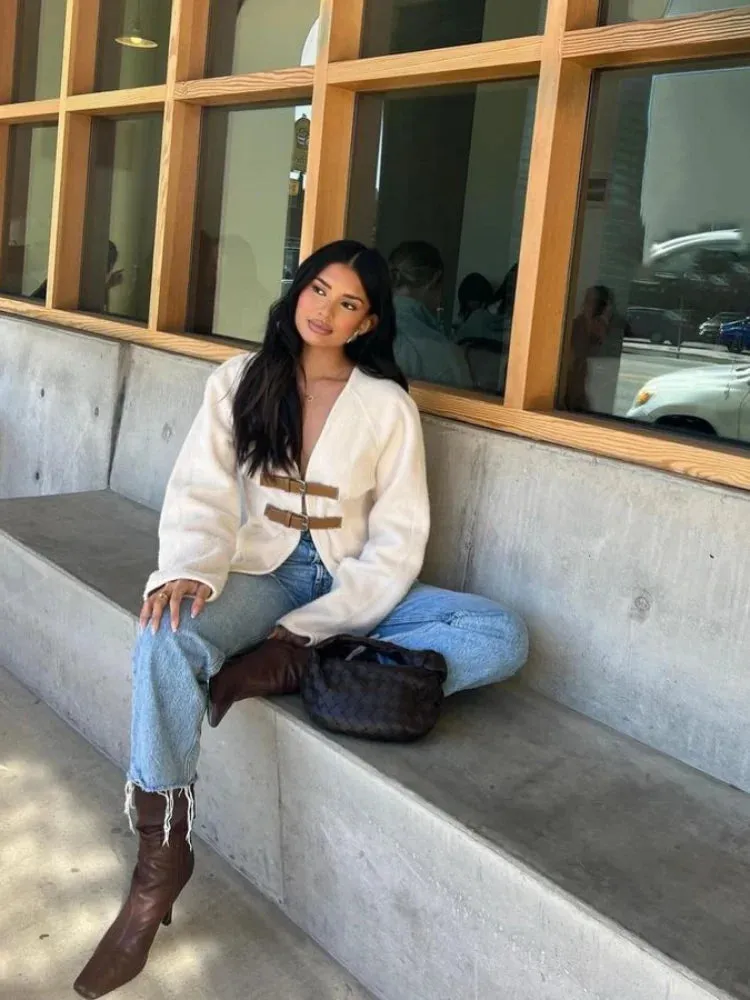 Znbbw Woolen V-neck Jacket Women 2024 Spring Summer Solid Temperament Slim Long Sleeve Buckle Coats Elegant Lady Office Overcoat - Image 3