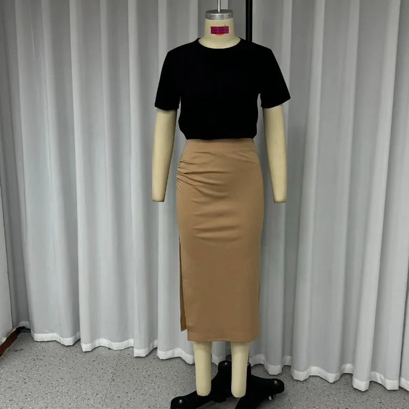 Znbbw Women Two Piece Set Summer Fashion O Neck Short Sleeve Solid Short Top Slim Folds Slit Skirt Set Elegant Streetwear - Image 4