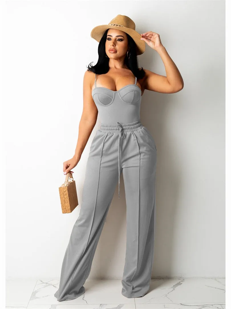 Znbbw Women Summer Pants Sets Solid Color Two-Piece Office Lady Suits Sleeveless Strap Camisole Crop Tops Wide Leg Pants S-2XL - Image 2