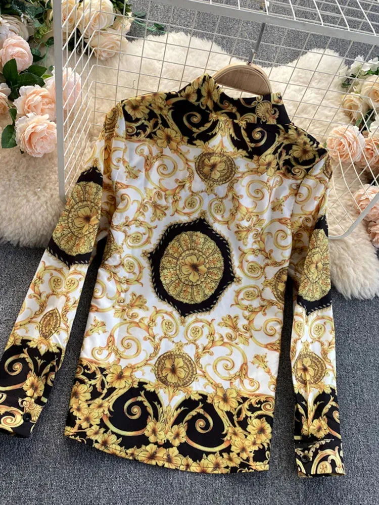 Znbbw Autumn Women's Blouse Tops New Bohemian Retro Turn-down collar Office Lady Trend Printing European American Shirt UK766 - Image 3