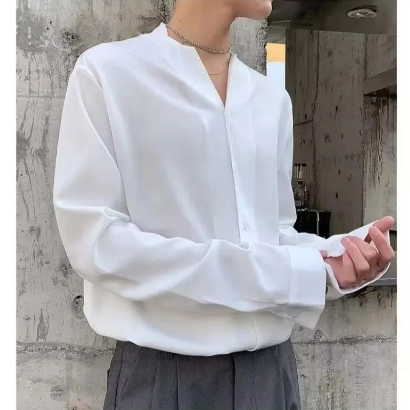 Znbbw Autumn Men Shirt Casual Loose Long Sleeve V-Neck Shirts Streetwear Vintage Fashion Blouses Office Daily Clothing - Image 3