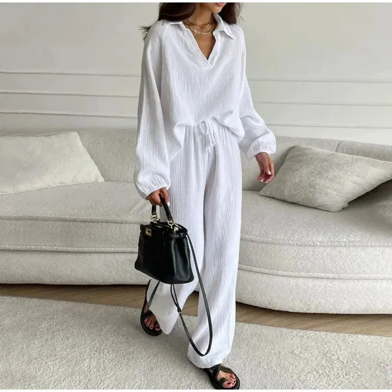 Znbbw Women's Pants Suit 2024 Spring Summer Solid Loose Long Sleeve Top Elastic Drawstring Wide Leg Trousers Chic Lady Home Pant Sets - Image 8