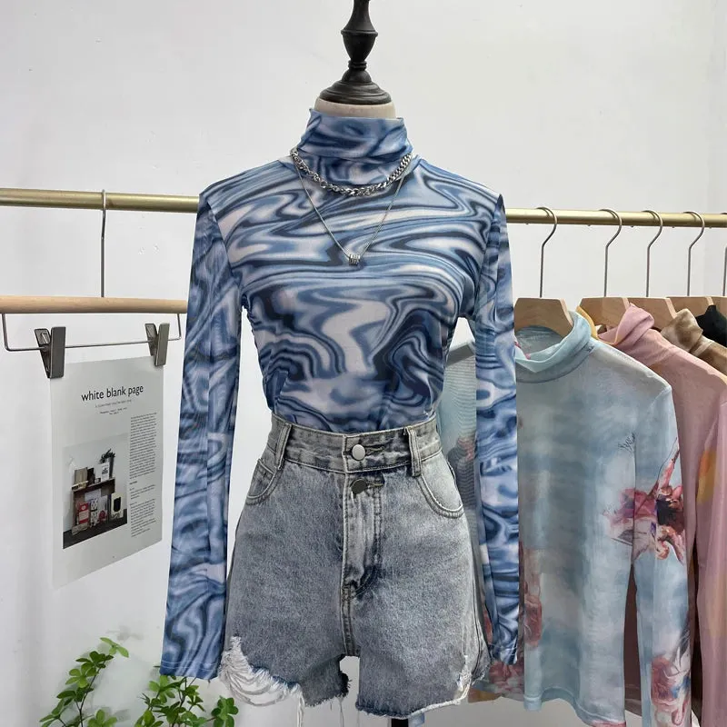 Znbbw Autumn Single-Layer Mesh Base T Shirt Girls Printed Full Sleeve Turtleneck Tees Slim Women See Through Tshirts - Image 5