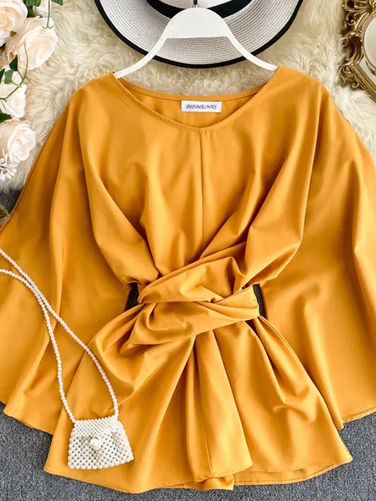 Znbbw Women's Shirt Spring Summer Tide Ins Super Fire Lacing Waist Lady Temperament Flare Sleeve Solid O-Neck Blouse Wild Top ML649 - Image 3