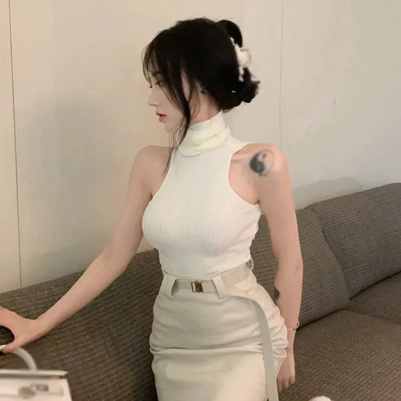 Znbbw Women's High Neck Tank Top Slim Fit Sexy Knitted Sleeveless Tank Top Slim Fit Pullover T-shirt - Image 3