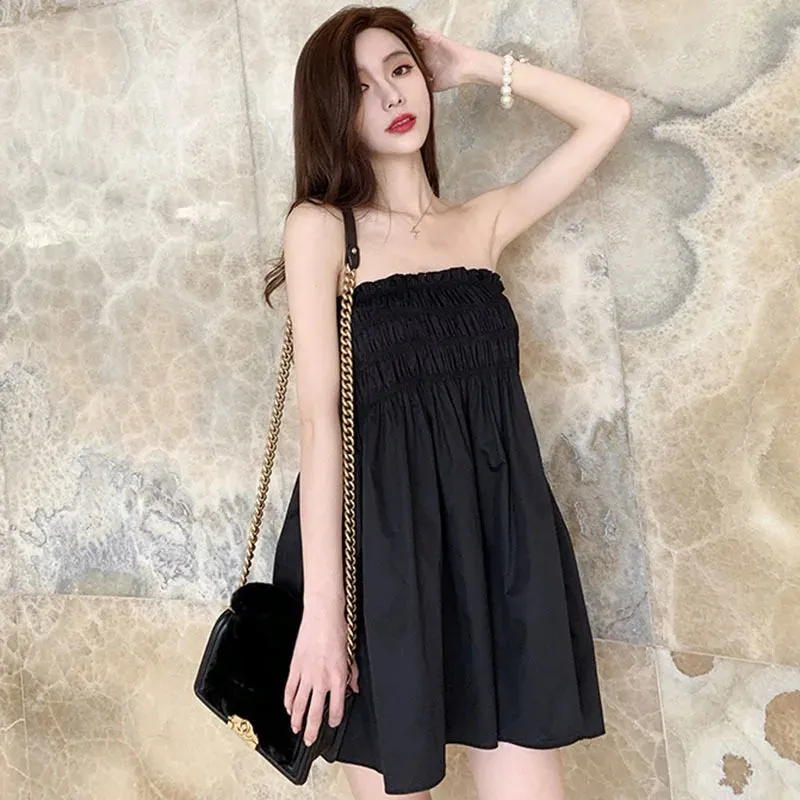 Znbbw Women Summer Fashion Casual Loose Off Shoulder Strapless Ruched Solid Color Bandeau Wrap Dress - Image 5