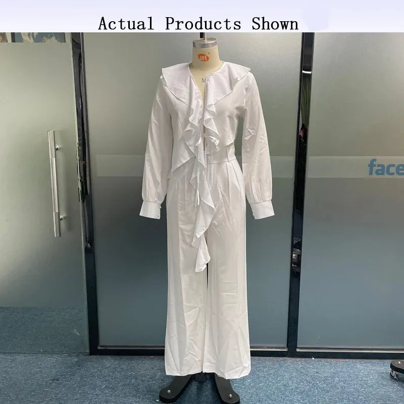 Znbbw Women Two Piece Set Autumn Fashion Solid V Neck Long Sleeves Ruffled Top Casual Loose With Pockets Pants Sets Streetwear - Image 3