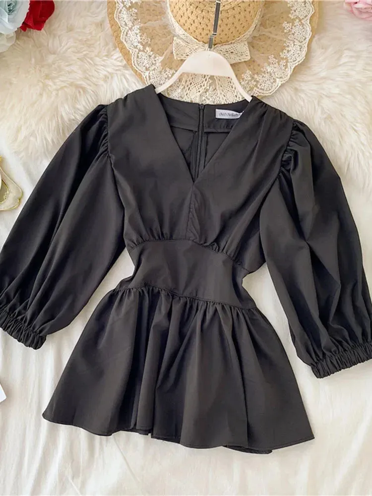 Znbbw Women's V-neck Shirt Spring Summer Temperament Lady Style Was Thin Waist Full Shirt Tide Solid Puff Sleeve Tops Blouses ML564 - Image 9