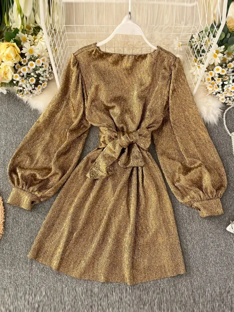 Znbbw Autumn Women's Bright Color Dress V-neck Lantern Sleeve Gold Bright Silk Lace Retro Dress Female Sexy Party Dress GD205 - Image 2