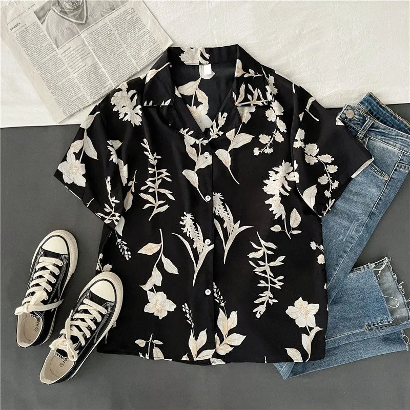 Znbbw Women Turn Down Collar Short Sleeve Blouse College wind Leaf Print Shirts Summer Casual Office Button Vintage Shirt Tops - Image 3