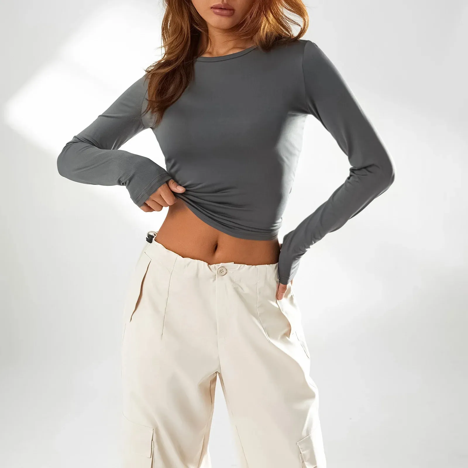 Znbbw Women's Slim Fit Going Out Crop Tops Casual Solid Color Crew Neck Long Sleeve Tight Tee Shirt Basic Streetwear 90s y2k Tees - Image 3