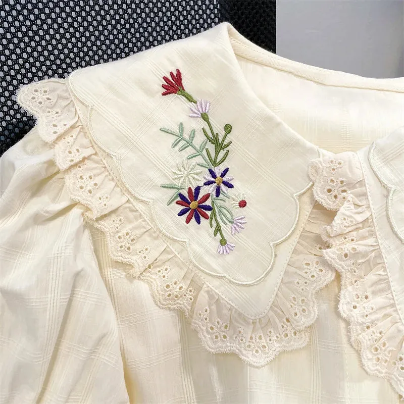 Znbbw Women Shirt Peter Pan Collar Floral Embroidery Hollow Out Ruffles Blouses French Casual Fashion Sweet Short Puff Sleeve Tops - Image 5